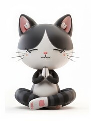 Sticker - Cartoon Cat Sitting in a Yoga Pose with Hands in Prayer Position