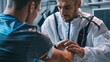 © G.Go - A man in a white lab coat is examining a man's arm