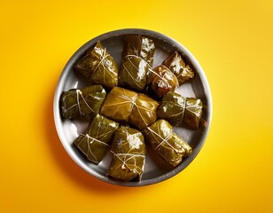 Wall Mural - Turkish stuffed dish dolma on yellow background