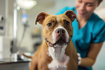 Canvas Print - Close up of a beautiful staffordshire terrier dog at the veterinarian. Sick cute pet sitting at the examination table at the animal clinic