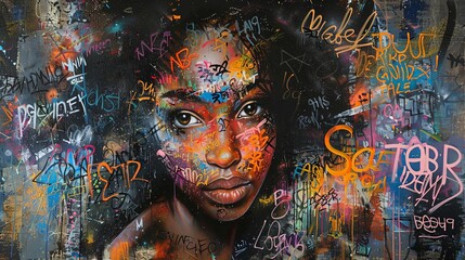 Dreamy African Woman Surrounded by Graffiti and Newspapers