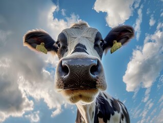 Cows in the pasture, white and black cows with yellow tags on their ears. The background is a blue sky and green grassland for animal farm environment.