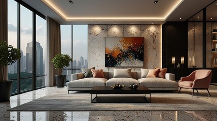 Modern style luxury interior with city view 3d render, There are terrazzo floor decorated wall with hidden light