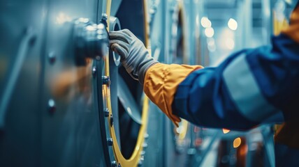 Wall Mural - A person wearing a yellow jacket is touching a machine