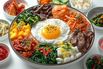 Poster - bibimbap and korean side dishes on a white background korean food concept