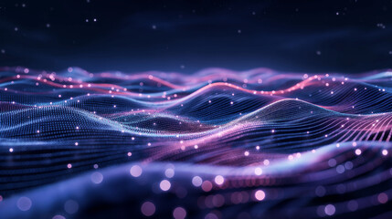 Poster - Digital Waves of Light Illuminating a Vivid Nighttime Landscape in a Futuristic World
