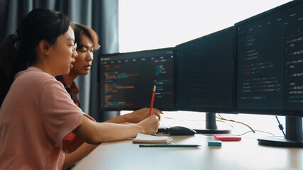 Back end software developer engineer for computer programming working together on debugging writing computing code, solving complex algorithms display on monitor in office. Burgeoning