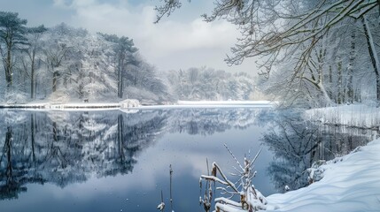 Wall Mural - A serene snow-covered lake with reflections of snowy trees on the water.