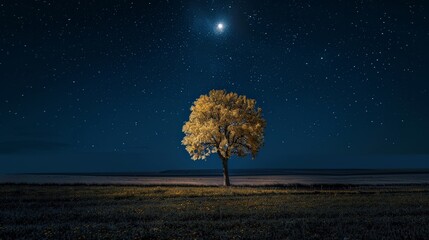Bright moon illuminating a single tree in a dark, empty field at night