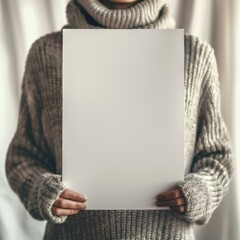 Person in cozy sweater holding a blank white paper, suitable for mockups, presentations, or advertisements with a neutral background.