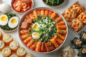 Wall Mural - tteokbokki with korean side dishes on white background