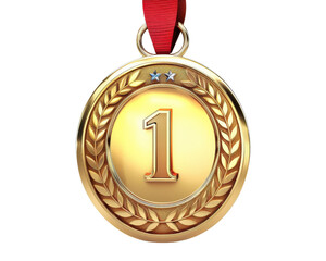 A gold medal with a red ribbon and the number 1 on it. The medal is circular and has leaves around it