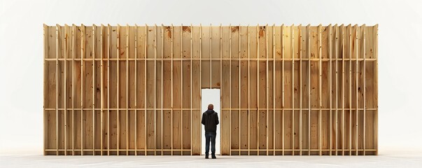 Wall Mural - freestanding plywood stud wall isolated on white background generative ai