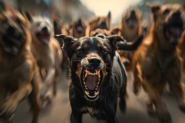 A pack of dogs exhibiting intimidating behavior, growling and snarling, creating a threatening atmosphere.