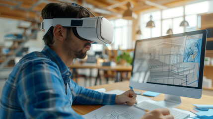 Man using virtual reality headset while working on architectural design on a computer in a modern office space.