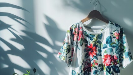 A white shirt with a floral design hangs on a hanger