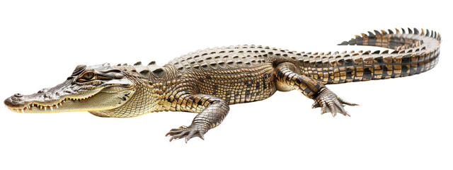 A large alligator lays on its back on a white background