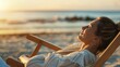 © MP-AI - Woman relaxing on a beach chair, enjoying a peaceful sunset by the ocean. Tranquil holiday scene with calm waves and golden sunlight.