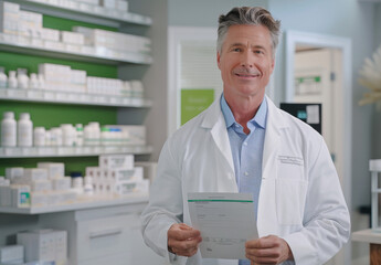 Sticker - an attractive, confident and happy middle aged man in his late forties wearing a white lab coat standing behind the counter at a pharmacy holding paperwork while smiling at the camera