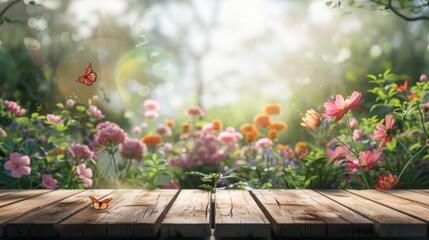 Beautiful Spring Garden with Butterflies and Flowers