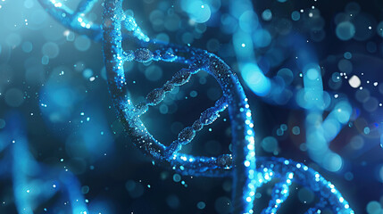 3d rendering of blue and orange DNA on dark background with bokeh effect