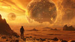 © NE97 - An alien world desert scene featuring a figure in the foreground, reminiscent of the movie 'Dune' and 'Men in Black'. Suitable for science fiction, fantasy, and exploration themes.