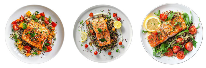 Wall Mural - Set of A gourmet meal featuring baked salmon and quinoa, presented isolated on a transparent background