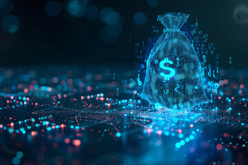 Digital Blue Moneybag: Dollar $ Icon with Binary Code, AI Financial Transactions, Fraud Detection Algorithms, Portfolio Management, Personalized Financial Planning Services Money Bag