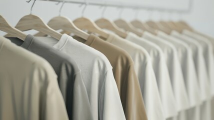 Sticker - A row of white and tan shirts hanging on a rack