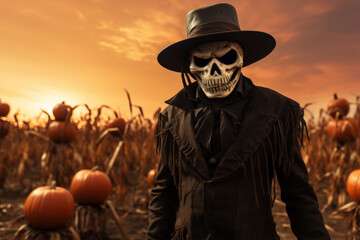 Wall Mural - scarecrow standing on a Halloween pumpkin field