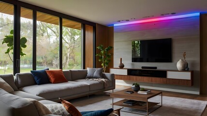 Minimal but modern living room with a TV and sofa luxury cozy comfortable design with natural light coming through glass windows