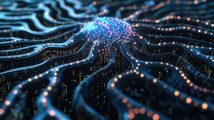 Wall Mural - A computer generated image of a city with a glowing blue and orange swirl