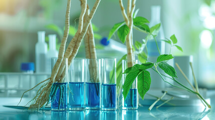 Dried ginseng roots and fresh green leaves on a laboratory table with test tubes in the background