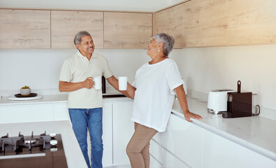 Wall Mural - Home, talking and morning with old couple, coffee and happiness with retirement, care and smile. Tea, senior man or mature woman in kitchen, marriage and funny with love, conversation and romance