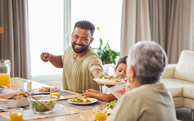 Poster - Happy family, lunch and eating food in home together for holiday celebration, bonding and sharing a meal. People, parents or grandparents with kid in dining room for dinner, social gathering and love