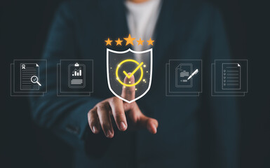 Poster - Businessman touching standard quality control certification assurance guarantee for automation process. Quality management with Quality Assurance, Quality Control, Standardization, health insurance.