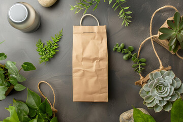 A brown paper bag surrounded by green plants on a gray background, suggesting eco-friendly packaging with space for branding or text.