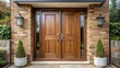 © Udomner - Modern brown wooden double front door with a secure entrance in a stylish cottage setting, brown, wooden, door, modern, double