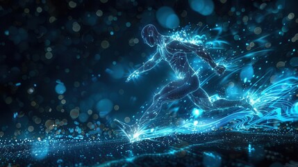 Futuristic hologram of male athlete running, double exposure, track heart rate, digital sports, exercise for wellness, dynamic angle,