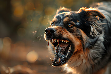 Wall Mural - An aggressive dog growling and attacking, a dangerous dog showing it's teeth