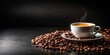 © Udomner - Cup of coffee with coffee beans on black background, coffee, cup, beans, black, background, espresso, aroma, drink, caffeine