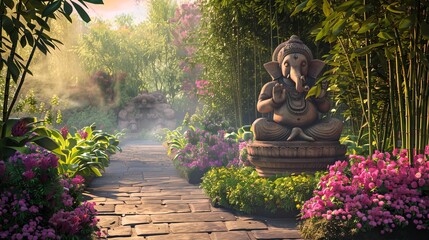 Serene Ganesha Statue in a Tranquil Meditation Garden