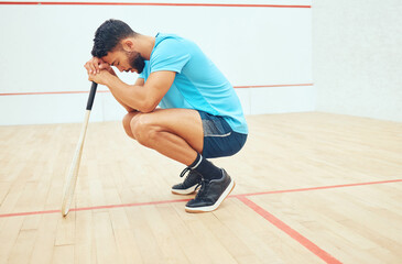 Sticker - Stress, athlete and man in court, serious and sad for playing in sports, training and practice. Fitness, sportsman and disappointed for fail in tournament, squash player and routine for exercise