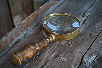 Wall Mural - Antique Brass Magnifying Glass on Weathered Wooden Surface