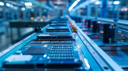 Poster - Blue Conveyor Belt with Electronic Components in a Factory Setting