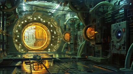 Canvas Print - Futuristic Interior with Glowing Circular Portal and Metal Infrastructure