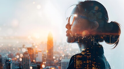 Canvas Print - Woman Silhouetted Against Cityscape at Sunset.