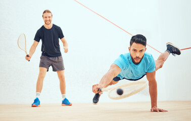 Poster - People, playing and court or squash game, rubber ball and racket for sport with energy or fitness in challenge. Men, volley and competing in active hobby, wooden floor and training for competition