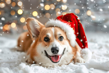 Wall Mural - Cute welsh corgi dog in santa hat on snow.