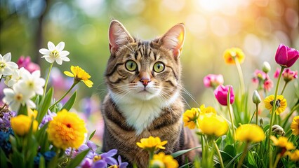 Spring flowers and a cute smiling cat, spring, flowers, cat, cute, smiling, happy, pet, adorable, whiskers, feline